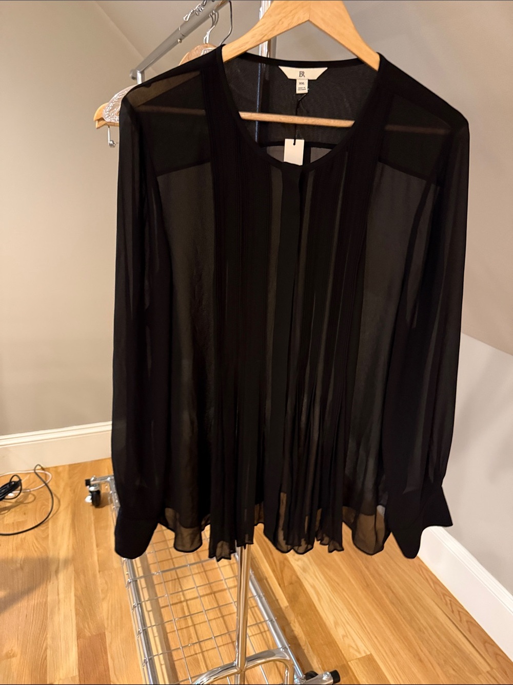 Banana Republic Black Sheer Pleated Long-Sleeve Top